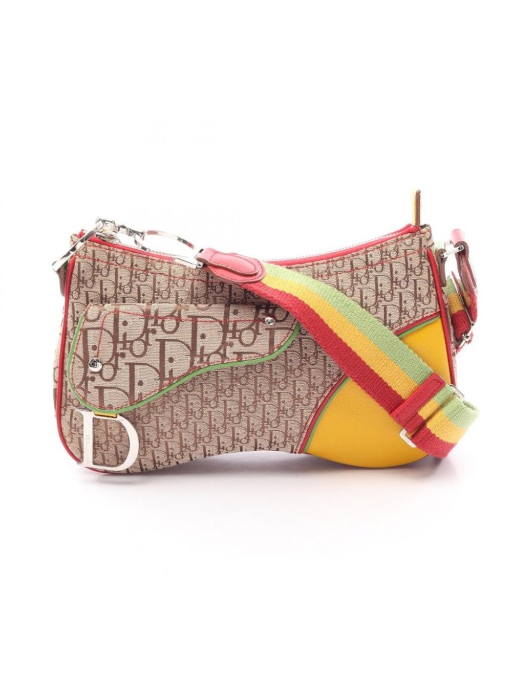 Dior Shoulder Bag Rasta Trotter Saddle Pocket Beige Multi Canvas Leather